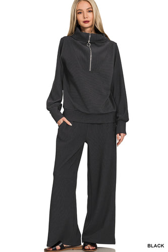 Black Ribbed Half Zip Pullover Set