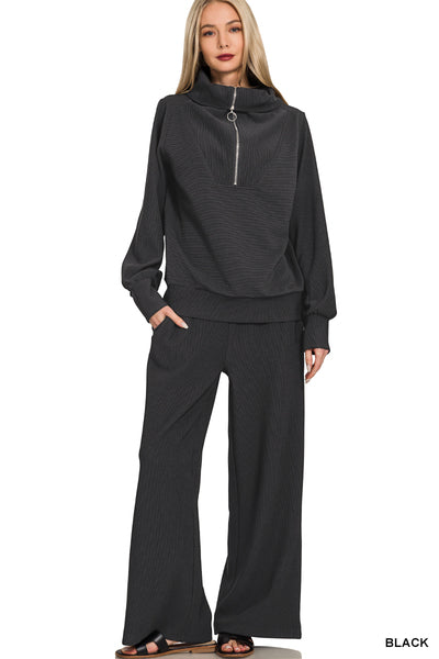 Black Ribbed Half Zip Pullover Set