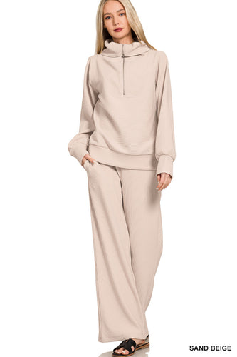 Beige Ribbed Half Zip Pullover Set
