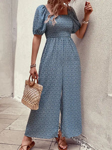 Blue Printed Smocked Jumpsuit