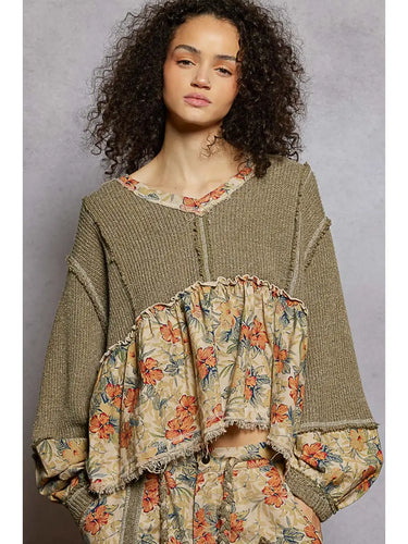 Green Patchwork Knit Sweater Top
