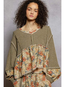 Green Patchwork Knit Sweater Top