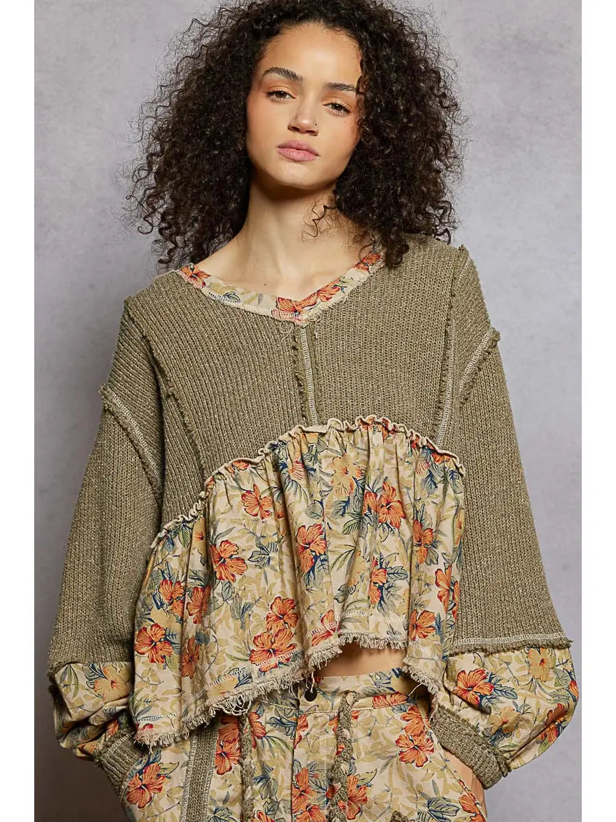 Green Patchwork Knit Sweater Top