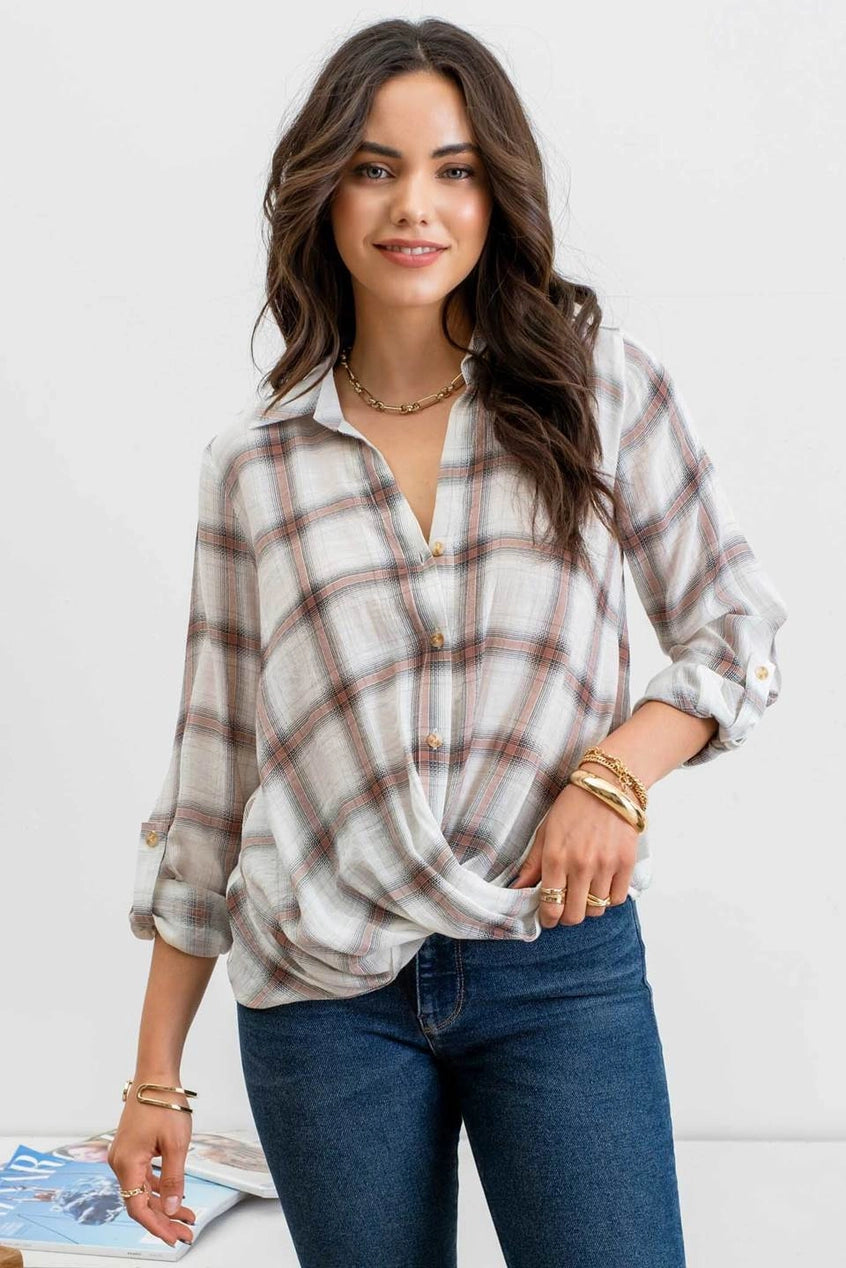 Plaid Button Wrap Top