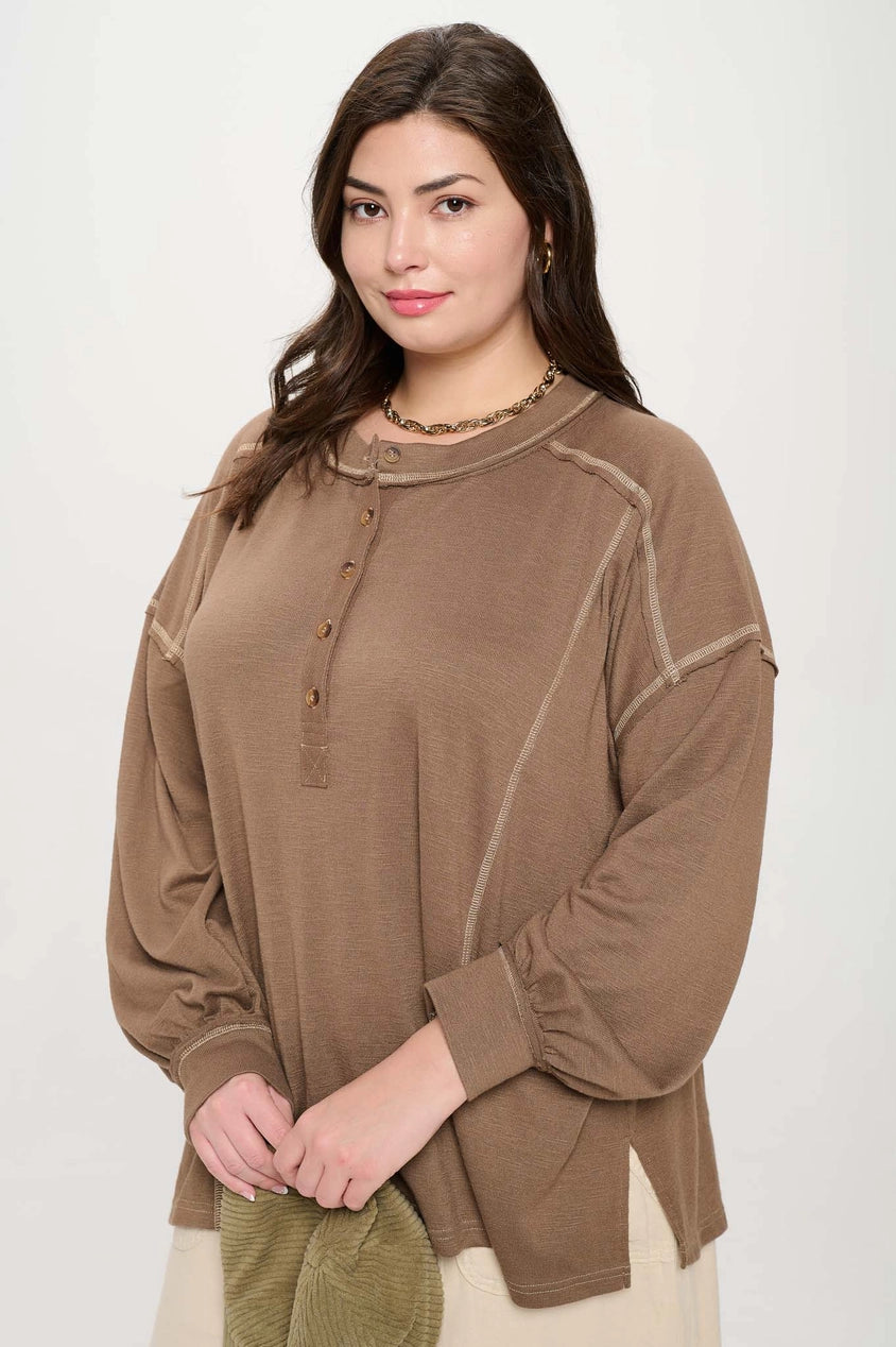 Brown Henley Knit Top