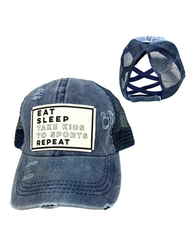 Navy Eat Sleep Sports Ponytail Hat