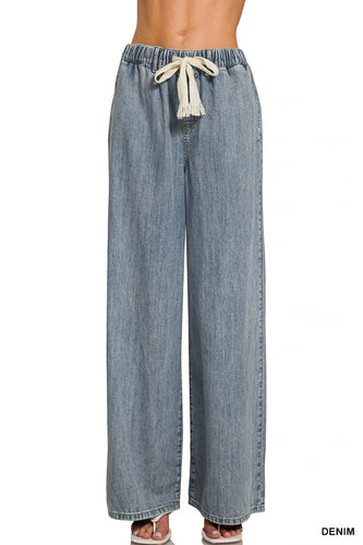 Denim Drawstring Wide Leg Pants