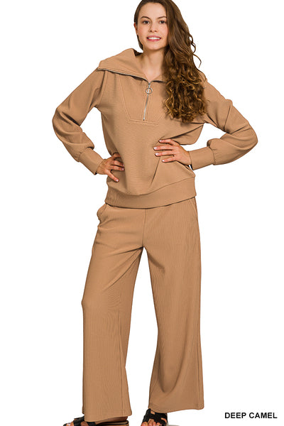 Camel Ribbed Half Zip Pullover Set