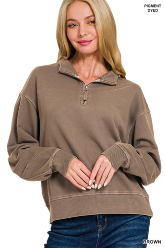 Brown Washed Half Zip Pullover