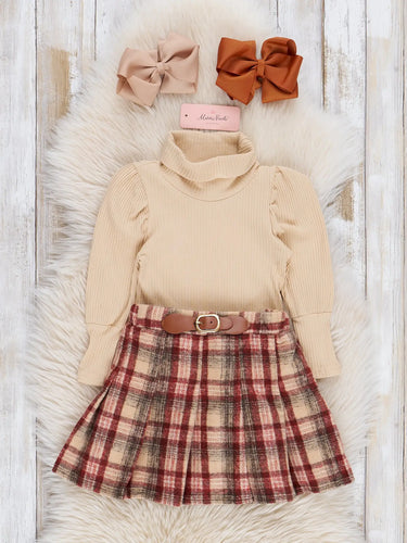 Ribbed Turtleneck & Plaid Skirt
