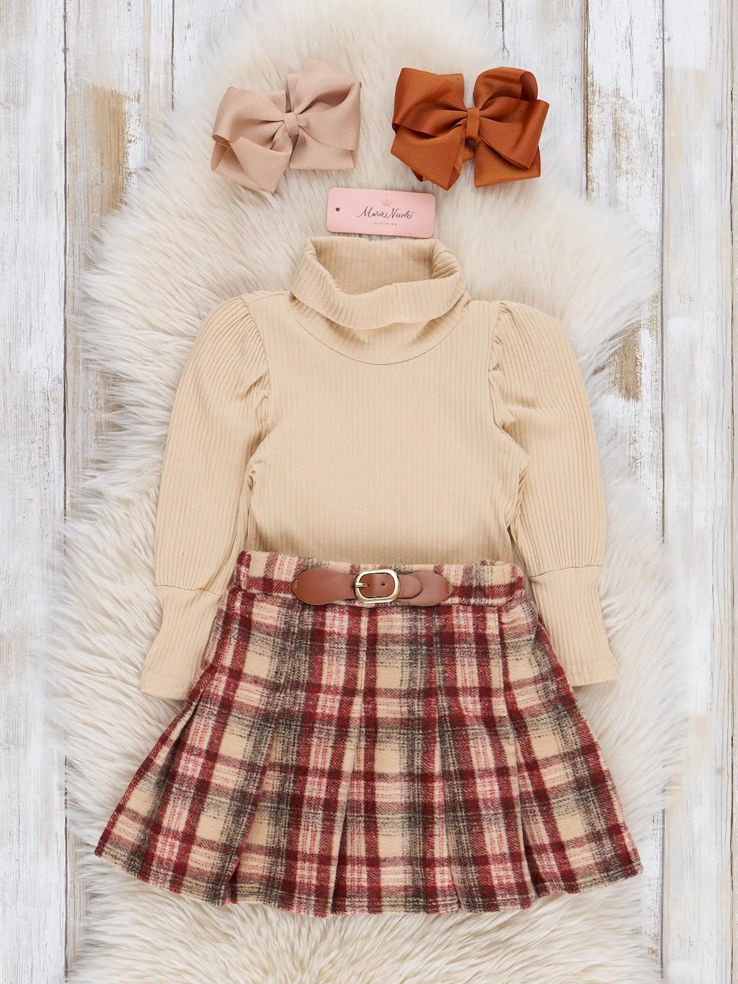 Ribbed Turtleneck & Plaid Skirt