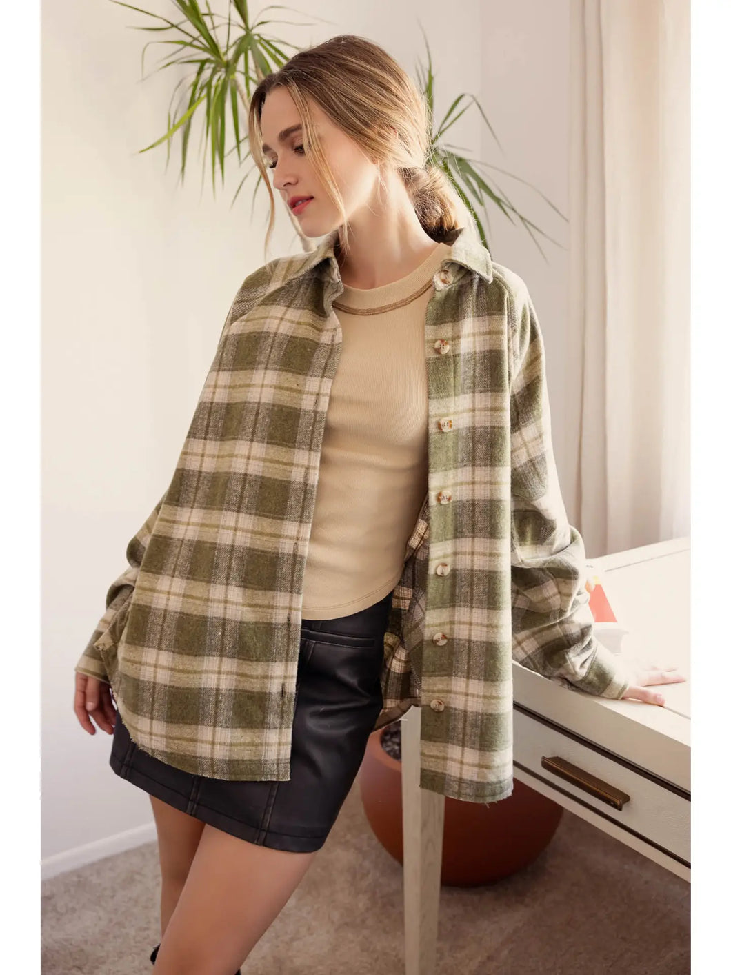 Olive Oversized Plaid Button Down