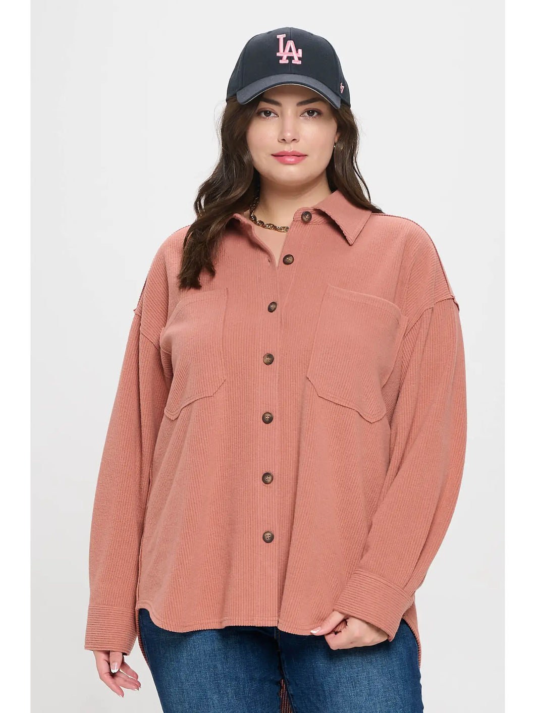 Terracotta Rib Knit Button Down