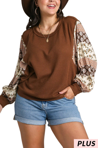 Mocha Waffle Mixed Print Top PLUS