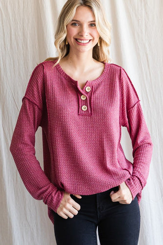 Burgundy Waffle Knit Button Top PLUS