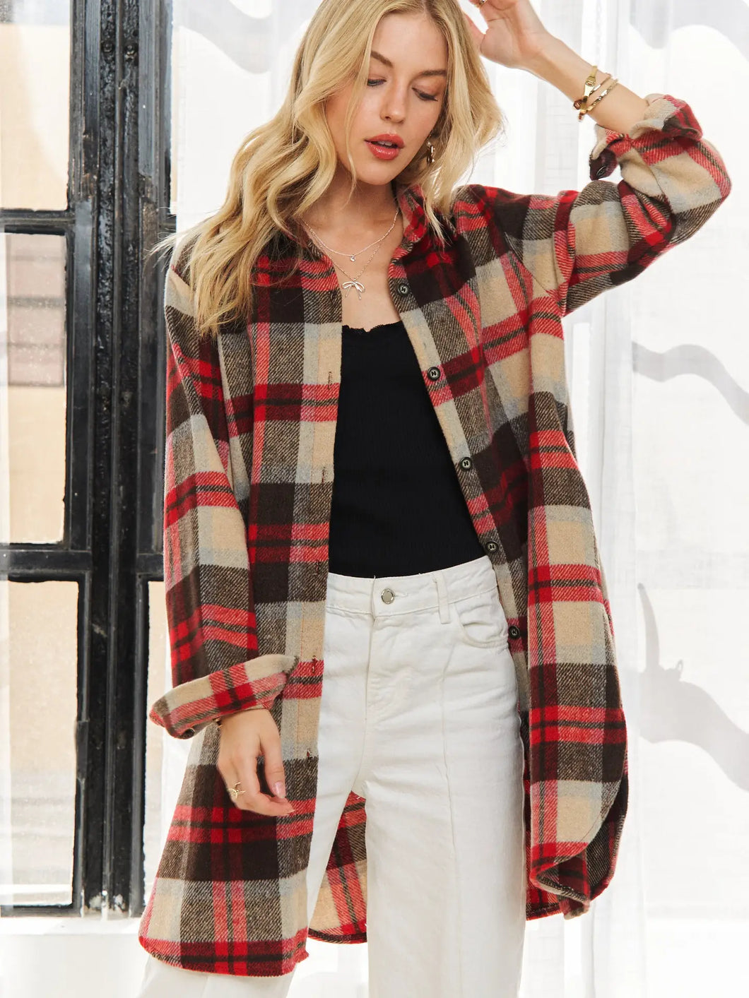 Red & Ivory Long Flannel Shacket