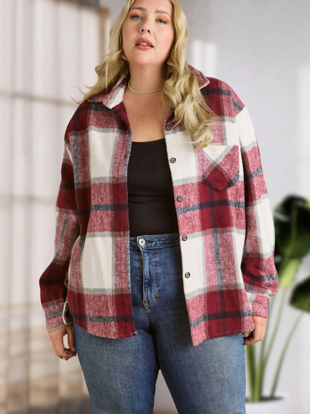 Burgundy Check Shacket PLUS