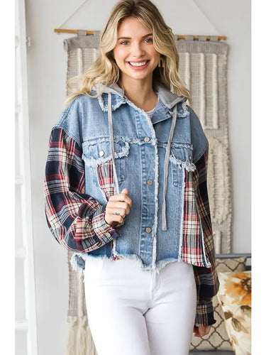 Navy Plaid Denim Hoodie