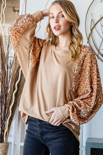 Camel Sequin Sleeve Top