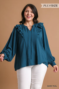 Teal Balloon Sleeve Ruffle Top