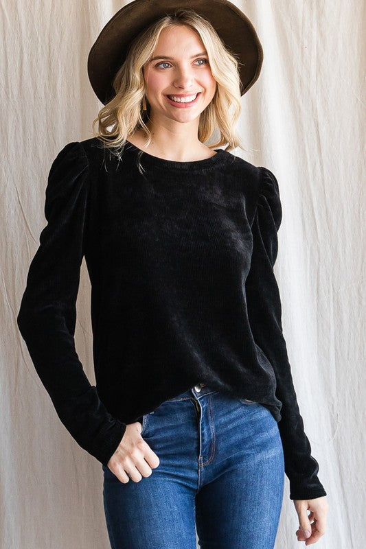 Black Chenille Puff Sleeve Top