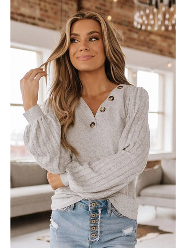 Grey Ribbed V Neck Top