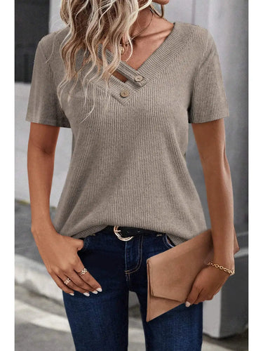 Khaki Ribbed Button Detail Top