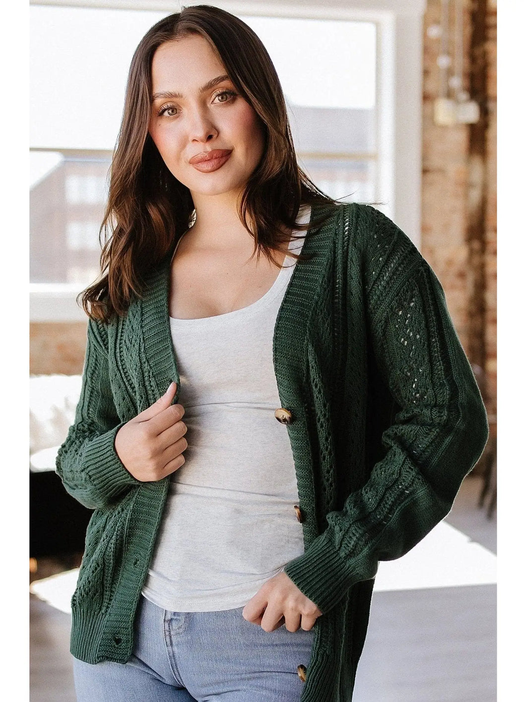 Green Hollow Knit Cardigan