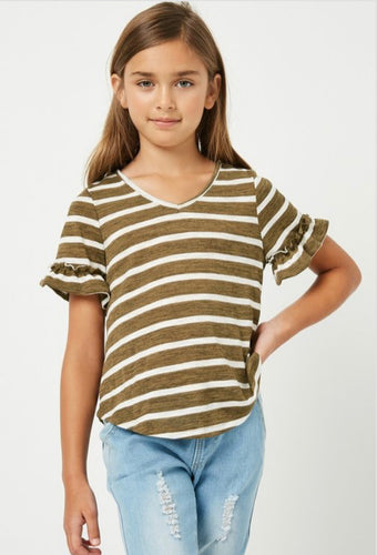 Olive Stripe Ruffle Tee Top