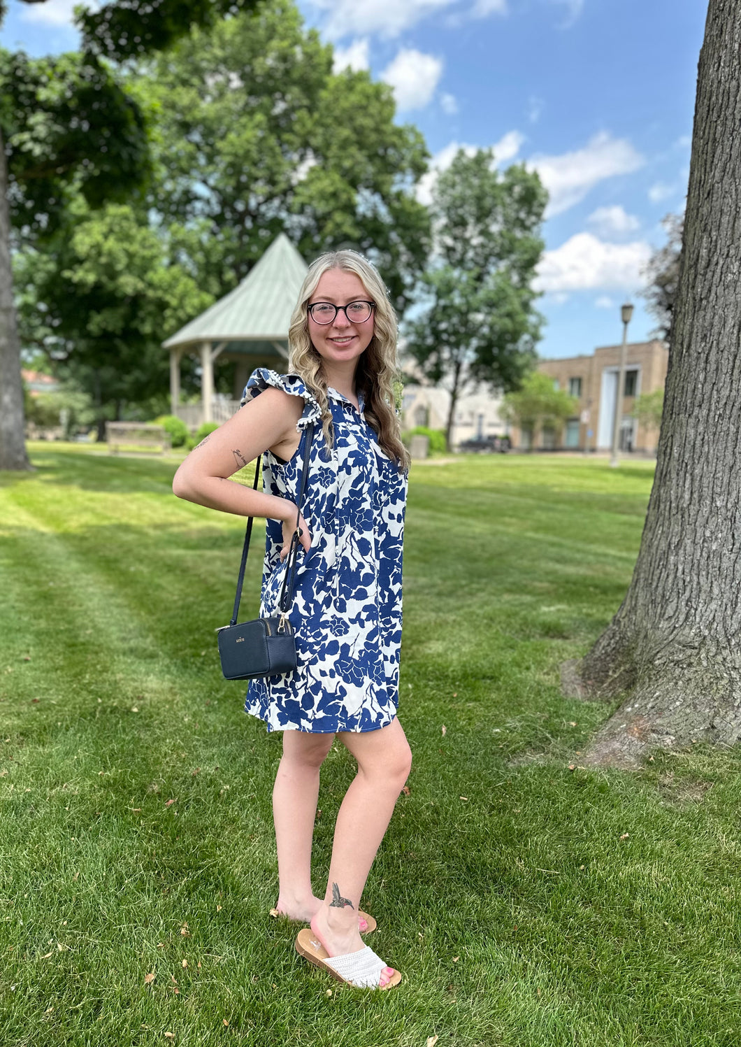 Blue Leaf Print Dress