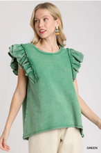 Load image into Gallery viewer, Green Mineral Washed Terry Top with Ruffle