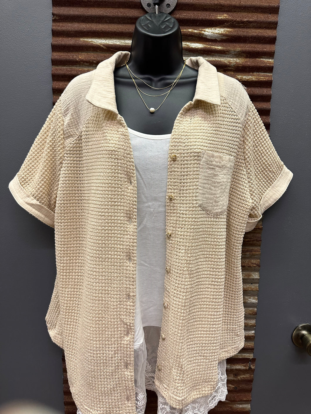 Natural Waffle Knit Button Down