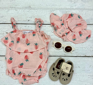 Pink Strawberry Ruffle Romper & Hat