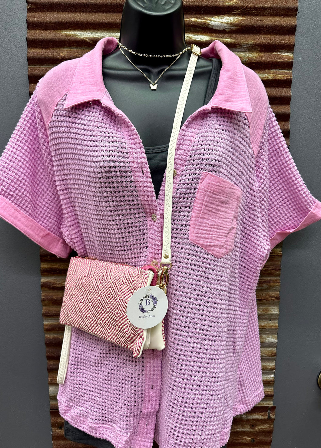 Pink Waffle Knit Button Down