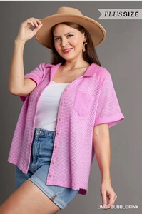 Pink Waffle Knit Button Down