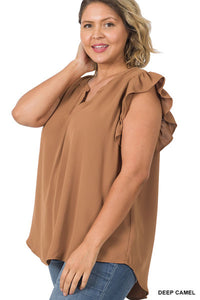 Camel Woven Ruffle Sleeve Blouse