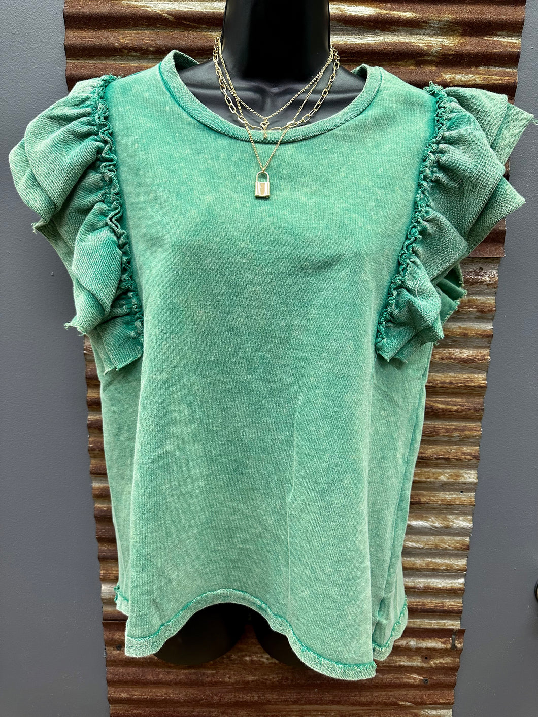 Green Mineral Washed Terry Top with Ruffle