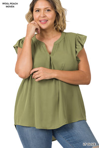 Olive Woven Ruffle Sleeve Blouse