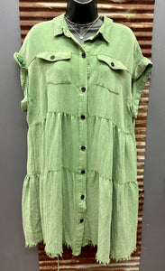 Green Washed Button Ruffle Dress