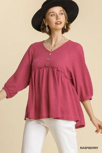 Raspberry Waffle Knit 3/4 Sleeve Top