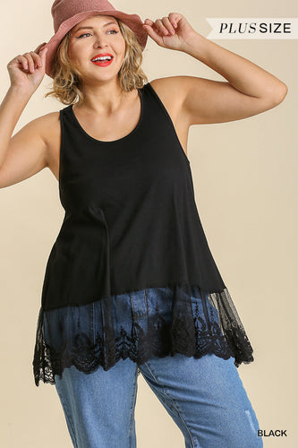 Black Ribbed Tank with Lace Trim Plus