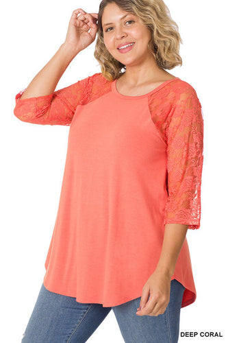 Deep Coral Lace Sleeve Top