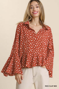 Clay Animal Print Bell Sleeve Top