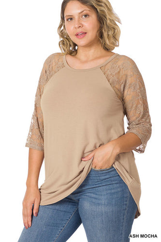 Ash Mocha Lace Sleeve Top PLUS