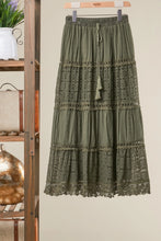 Load image into Gallery viewer, Elastic Waist Maxi Skirt with Lace Olive