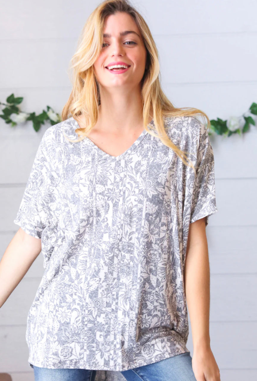 Grey Floral Dolman Blouse