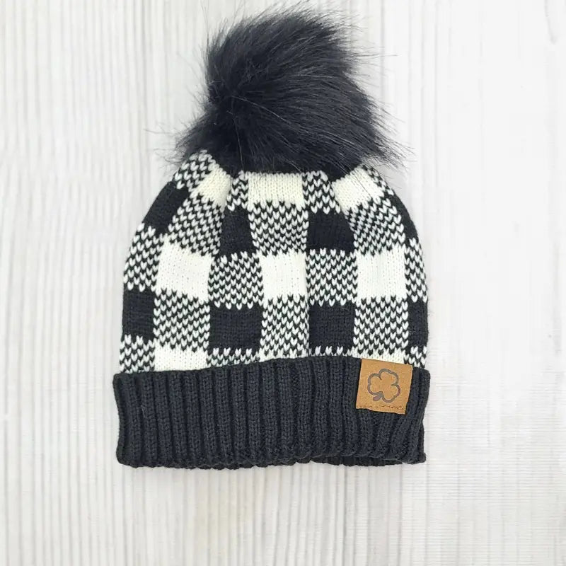 Toddler Black Plaid Pom Beanie