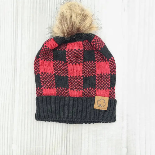 Toddler Red Plaid Pom Beanie