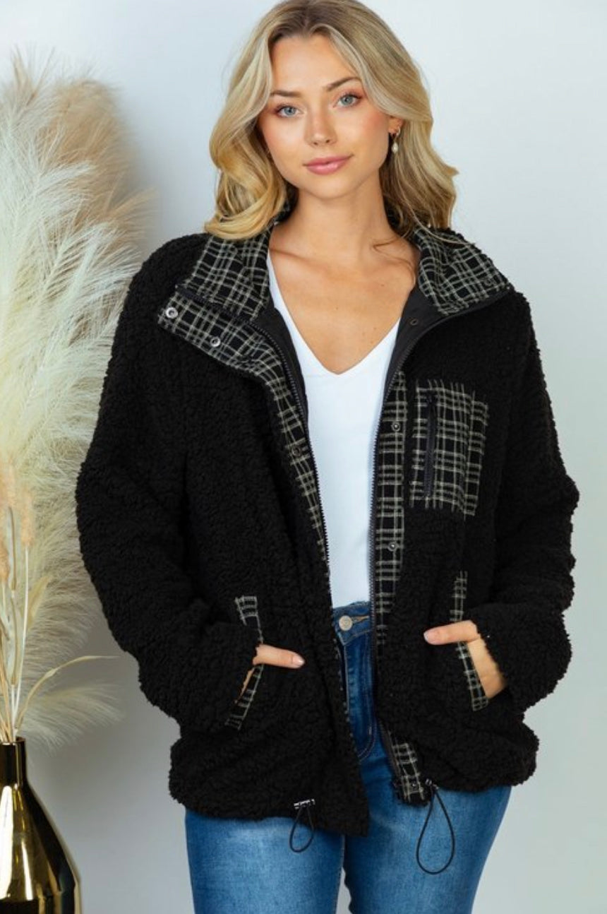 Black & Plaid Sherpa Jacket