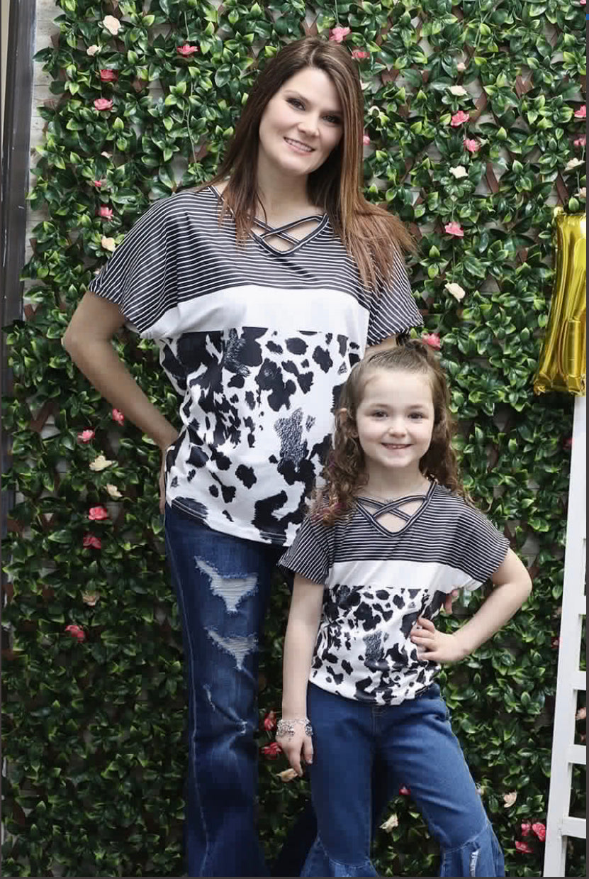 Crisscross Stripe Cow Print Mommy & Me